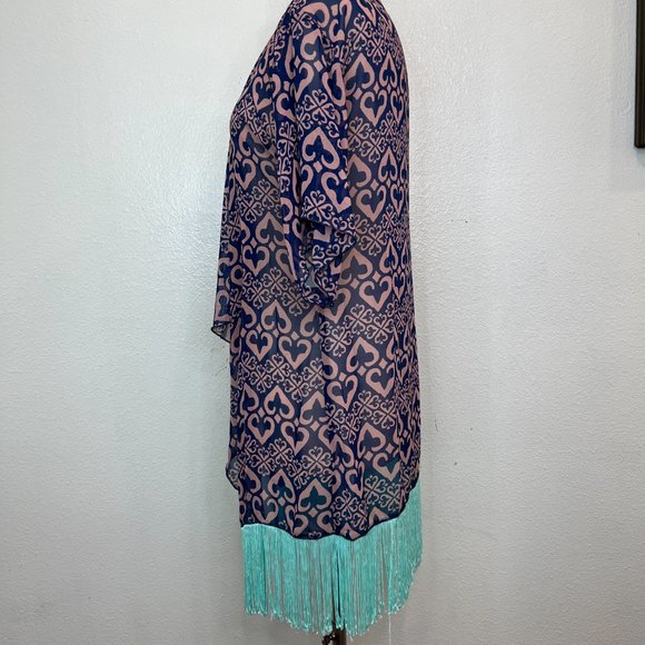 NWT LulaRoe Monroe Kimono Blueish Purple Mint Green Heart Print Size S - Picture 4 of 8